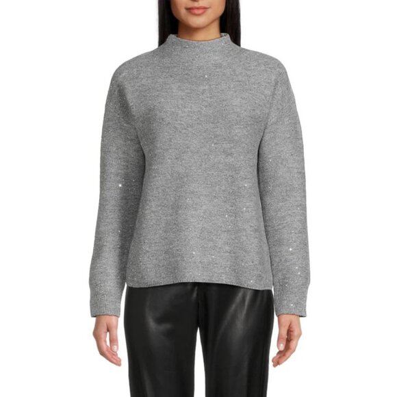 NEW Calvin Klein - Size L, Sequin Drop Shoulder Mock Neck Sweater - Heather Grey - Picture 1 of 2